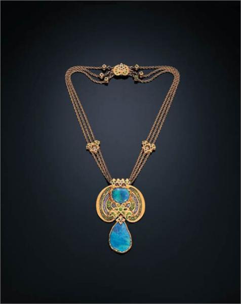 Necklace. Black opals, demantoid garnet, sapphire, enamel, gold, 1920 - Луис Комфорт Тиффани