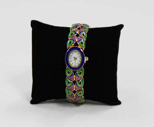 Watch, enameled peacock feather style watchband, mother of pearl watch face - Louis Comfort Tiffany