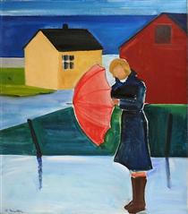 Woman in Reykjavik with Umbrella - Louisa Matthiasdottir