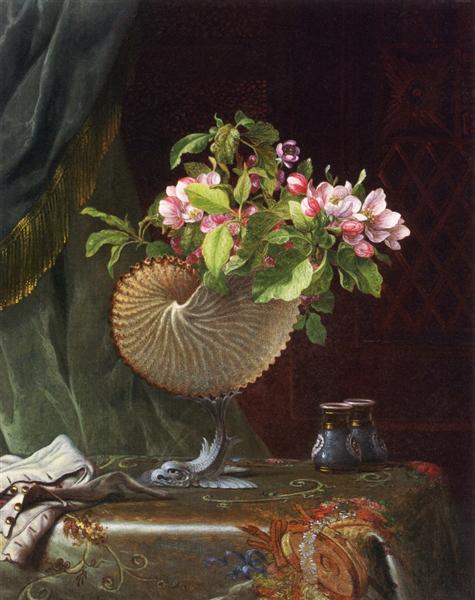 Still Life with Apple Blossoms in a Nautilus Shell, 1870 - Мартин Джонсон Хед