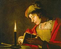 Young Man Reading by Candle Light - Matthias Stom