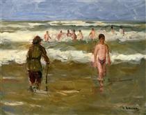 Boys Bathing with Beach Warden - Max Liebermann