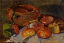 Still Life: Pit, Onions, Bread and Green Apples - Мейер де Хан