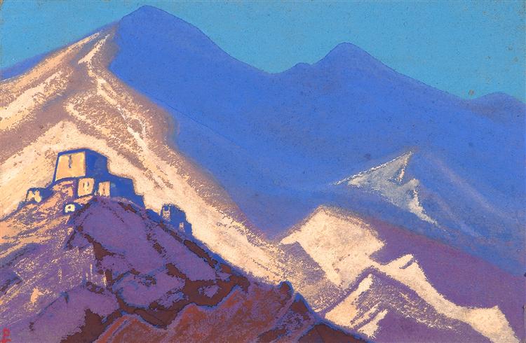 Dark-blue mountains and buildings on the hiil, 1940 - Nikolái Roerich