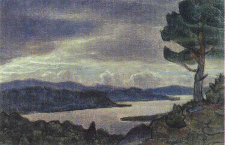 Landscape with lake and tree on the shore, c.1911 - Nicholas Roerich