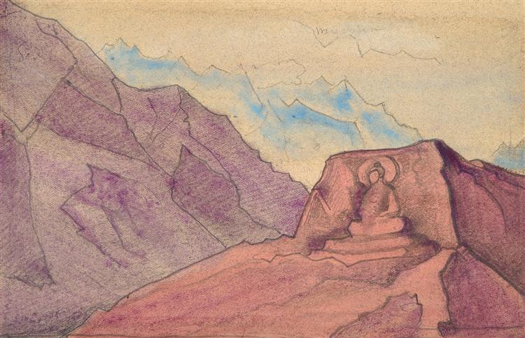 Этюд с образом Майтреи, высеченным на скале, c.1932 - Николай  Рерих