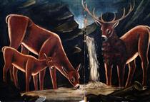 Deer with their fawns - Niko Pirosmani