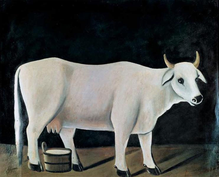 White cow on a black background - Niko Pirosmani