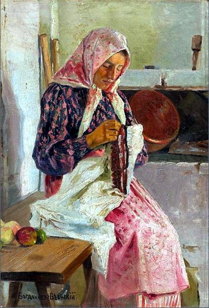 Woman Stitching the Shawl - Микола Богданов-Бєльський
