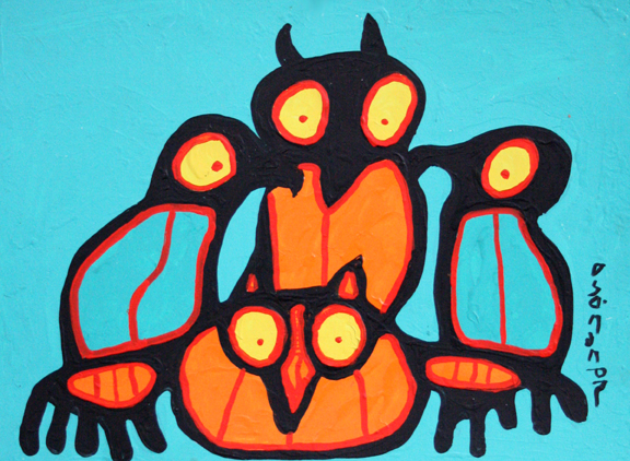 Two Owls and Two Chicks - Norval Morrisseau