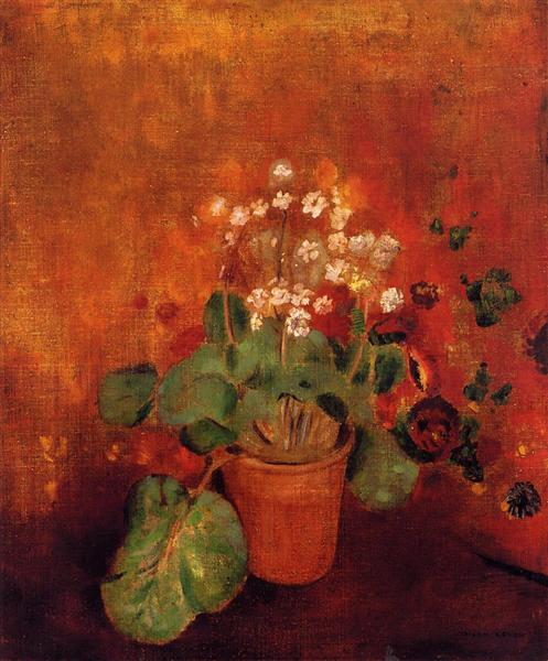 Flowers in a Pot on a Red Background - 奥迪隆·雷东