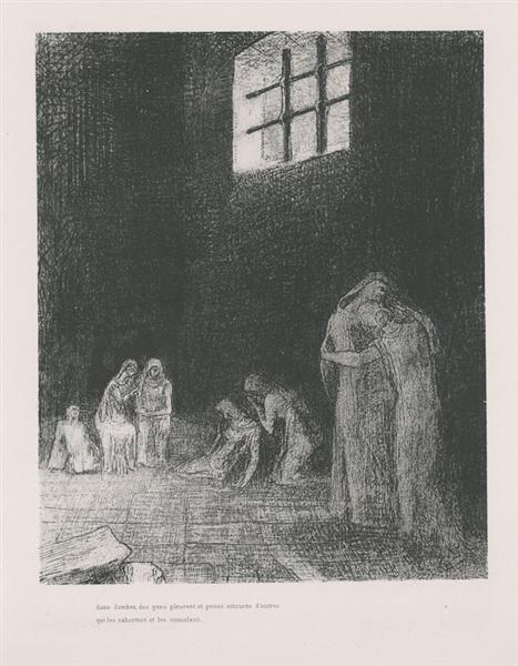 In the shadow people are weeping and praying, surrounded by others who are exhorting them (plate 6), 1896 - Оділон Редон