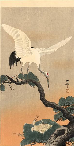 Crane over his nest - Ohara Koson