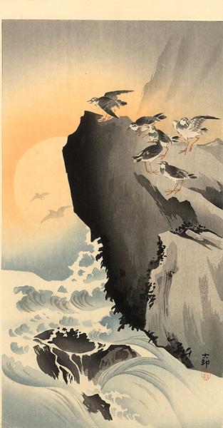 Sandpipers and Moon - 小原古邨