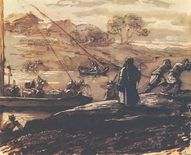 Landscape with barge haulers, 1810 - Орест Кіпренський
