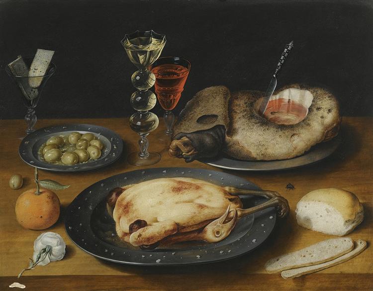 Still Life of a Roast Chicken, a Ham and Olives on Pewter Plates with a Bread Roll, an Orange, Wineglasses and a Rose on a Wooden Table - Осиас Беерт