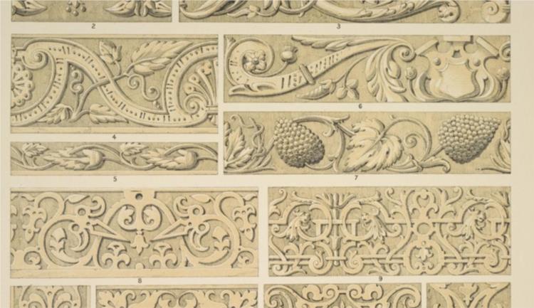 Elizabethan Ornament no. 1. Various ornaments in relief from the time of Henry VIII to that of Charles II - Owen Jones