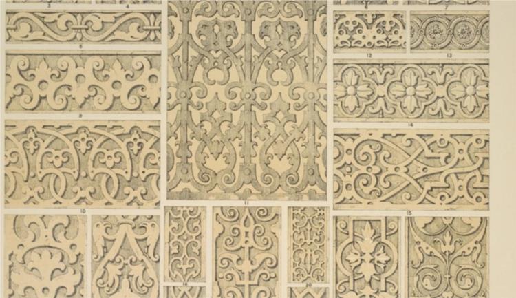 Elizabethan Ornament no. 2. Various ornaments in relief from the time of Henry VIII to that of Charles II - Owen Jones