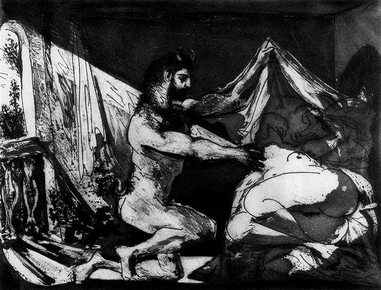 Faun unveiling a sleeping girl (Jupiter and Antiope, after Rembrandt), 1936 - 畢卡索
