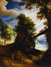 A wooded landscape with a bridge and sportsmen at the edge of the river - Paul Brill