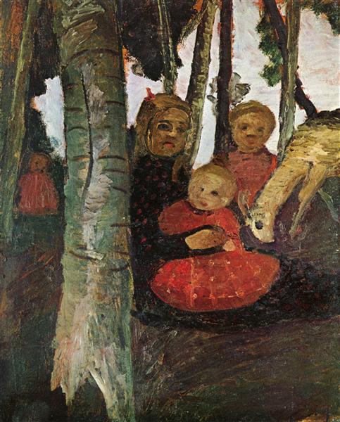 Three children with goat in the birch forest, c.1904 - Paula Modersohn-Becker