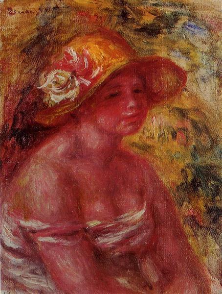 Bust of a Young Girl Wearing a Straw Hat, 1917 - 雷諾瓦