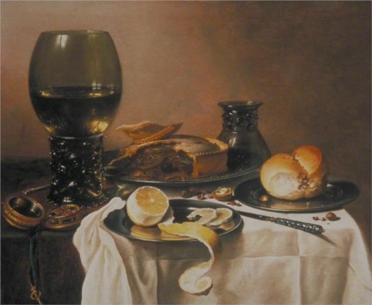 Breakfast Still Life with Roemer, Meat Pie, Lemon and Bread, 1640 - Pieter Claesz.