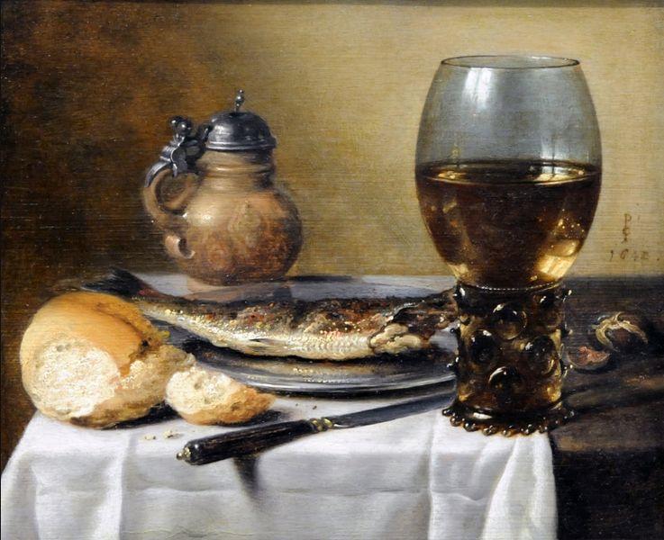 Still Life with Jug, Wine Glass, Herring and Bread, 1642 - Pieter Claesz.