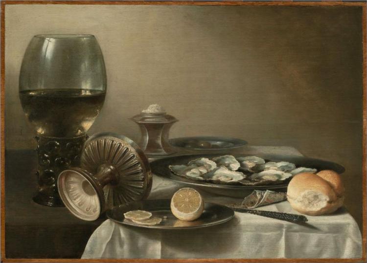 Still Life with Wine Goblet and Oysters, 1638 - Pieter Claesz.