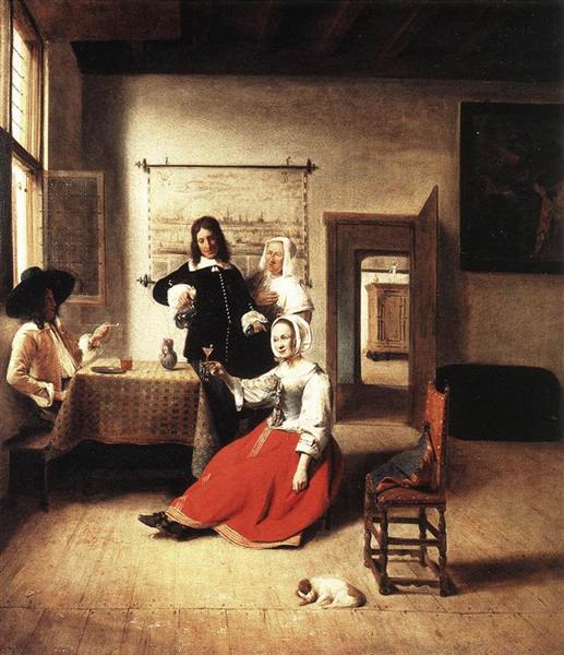 Woman drinking with soldiers, 1658 - Питер де Хох
