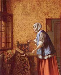 Woman weighing gold coins - Питер де Хох