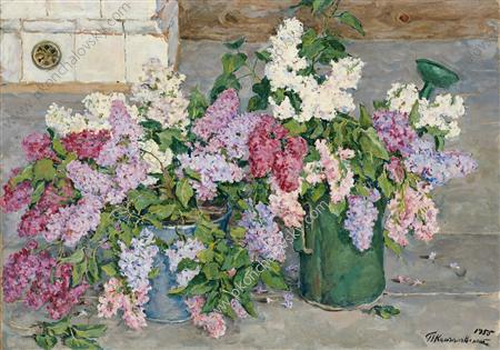 Still Life. Lilac, a bucket and a watering can., 1955 - Pjotr Petrowitsch Kontschalowski
