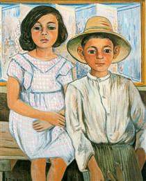 Girl sitting and boy with hat standing - Rafael Zabaleta