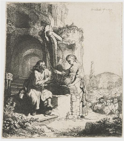 Christ and the woman of Samaria among ruins, 1634 - Rembrandt van Rijn