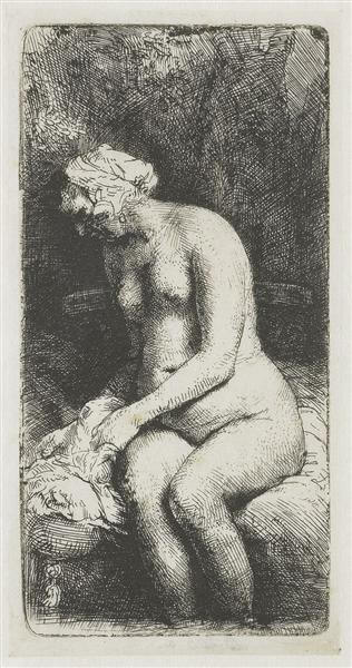 Seated naked woman (Woman bathing her feet at a brook), 1658 - Rembrandt van Rijn