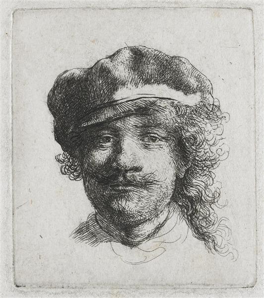 Self-portrait wearing a soft cap full face, head only, 1634 - Rembrandt