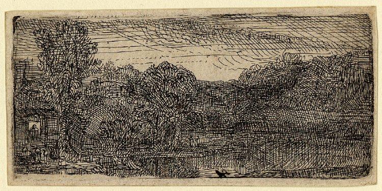 Small gray landscape, a house and trees beside a pool, 1640 - Rembrandt van Rijn