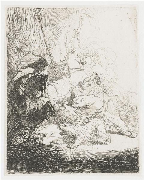 The small lion hunt with two lions, 1629 - Rembrandt
