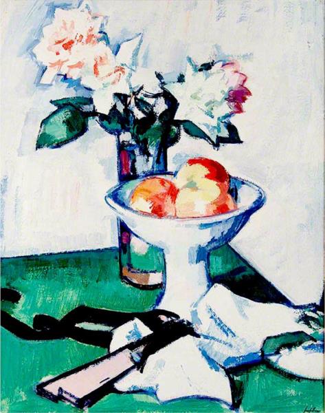 Still Life of Roses and a Bowl of Apples on a Green Tablecloth - Samuel Peploe