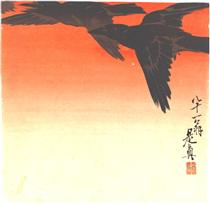 Crows Fly by Red Sky at Sunset - 柴田是真