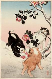 Camellia and Puppies in Snow - Shotei Takahashi