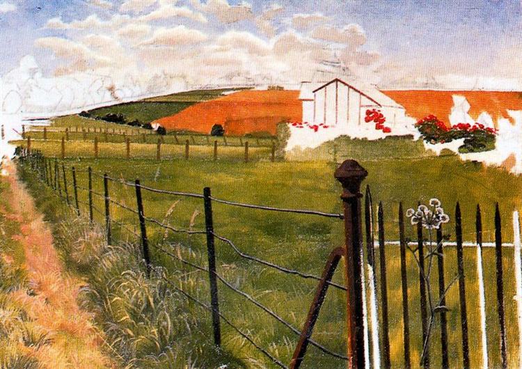 Extensive Landscape with a Wroght-Iron Gat - Stanley Spencer