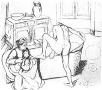 Nude Getting into the Bath beside the Seated Grandmother - Suzanne Valadon