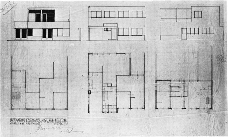 Design for a house and studio for Bertalan Pór, elevations and plans - Theo van Doesburg