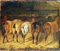 Five horses seen from behind with croupes in a stable - 西奧多·傑利柯