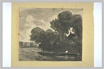 Boat on a river lined with trees - Théodore Rousseau