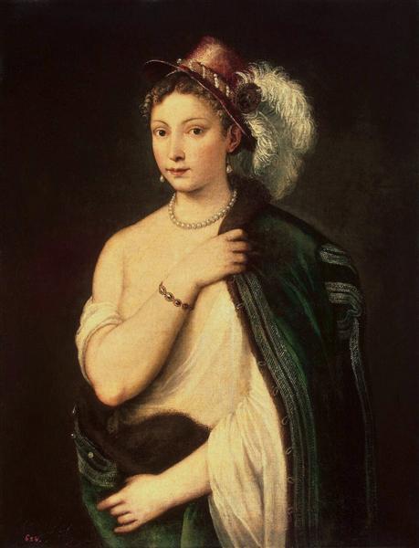 Portrait of a young woman with feather hat, c.1536 - Тиціан