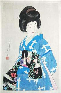 Preparing Her Sash (blue variant) - Torii Kotondo