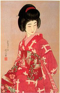 Preparing Her Sash (pink variant) - Torii Kotondo