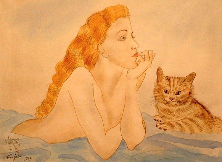 Woman and Cat - Цугухару Фудзита